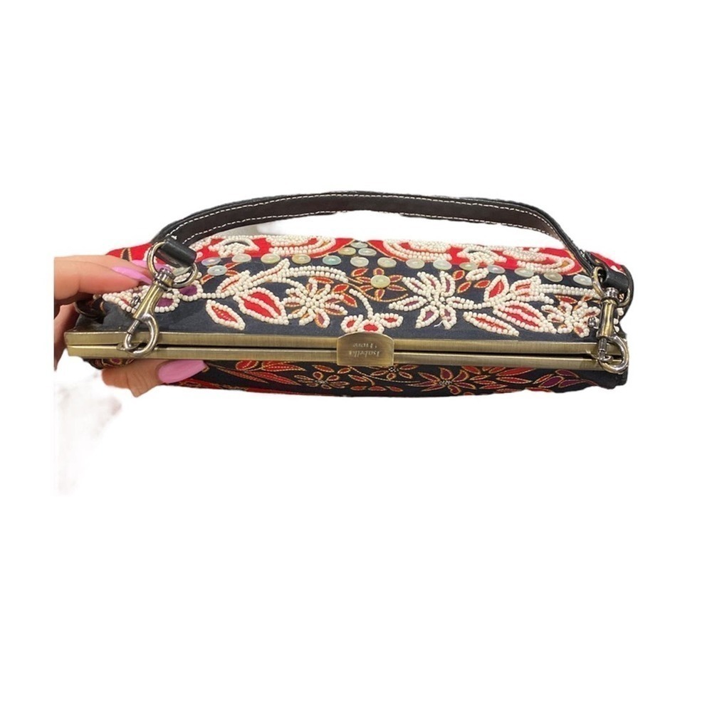 ISABELLA FIORE Beaded Floral Convertible Clutched Shoulder Bag Black Red - Picture 5 of 9